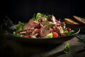 fresco salada com frango seios, Rúcula e tomate. ai generativo foto