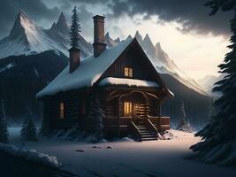 uma acolhedor cabine aninhado dentro a montanhas, fumaça ascendente, cercado de uma inverno país das maravilhas foto