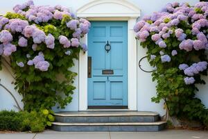 uma frente Entrada do uma casa com uma azul porta.ai generativo foto