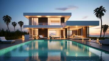 exterior do moderno minimalista cúbico villa com natação piscina às sunset.ai generativo foto