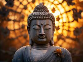 uma Buda estátua com Está olhos fechar, às nascer do sol foto