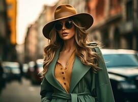 uma menina dentro uma trincheira casaco caminhando baixa a rua do Cidade com chapéu e oculos de sol foto
