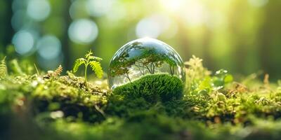 meio Ambiente conceito. globo vidro dentro verde floresta com luz solar. foto