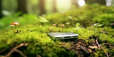 de Meio Ambiente tecnologia conceitos, Móvel telefone em verde campo. foto