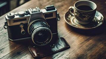Câmera e uma copo do café em a mesa ai generativo foto