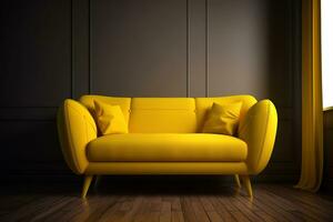 macio, moderno, minimalista amarelo sofá. social meios de comunicação e venda conceito, criativo publicidade ideia. ai generativo foto