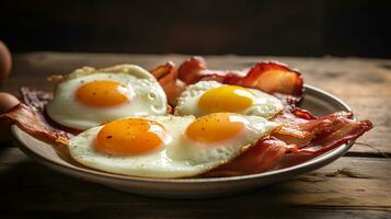 delicioso frito ovos com bacon em uma placa. generativo ai foto