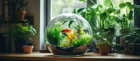 interior plantas e volta aquário em uma acolhedor janela peitoril foto