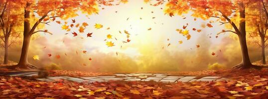 folhas outono em a terra com luz solar brilhando através, caprichoso paisagens foto