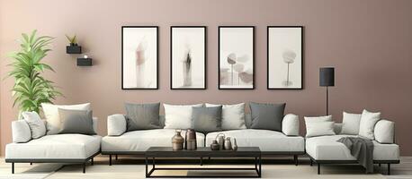 minimalista vivo quarto com pastel Preto e metálico prata cor 8 quadros em a parede mobília e plantas ing poster galeria parede foto