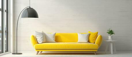 minimalista vivo quarto com branco paredes de madeira chão amarelo sofá à moda chão luminária e paisagem urbana janela dentro ing foto