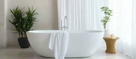 luxuoso banheiro com íntimo branco banheira dentro hotel quarto adornado com uma branco toalha foto