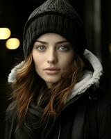 uma lindo mulher dentro uma inverno chapéu e Jaqueta generativo ai foto