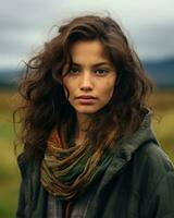 retrato do uma lindo jovem mulher dentro uma verde Jaqueta e cachecol dentro uma campo com montanhas dentro a fundo generativo ai foto