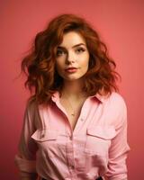 lindo jovem mulher com vermelho cabelo e Rosa camisa em Rosa fundo generativo ai foto