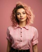 lindo jovem mulher com Rosa cabelo vestindo uma Rosa camisa em uma Rosa fundo generativo ai foto