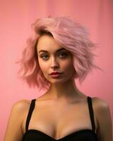 lindo jovem mulher com Rosa cabelo em uma Rosa fundo generativo ai foto