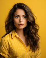 lindo jovem mulher dentro amarelo camisa posando contra amarelo fundo generativo ai foto