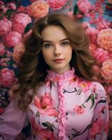 lindo menina com grandes cabelo e Rosa vestir dentro frente do Rosa flores generativo ai foto