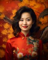 lindo ásia mulher dentro tradicional chinês vestir generativo ai foto