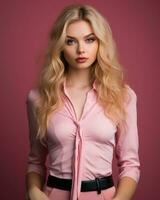 lindo Loiras mulher dentro Rosa camisa e Preto calça generativo ai foto