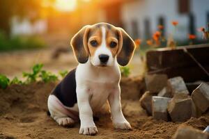 fofa cachorro dentro pequeno Fazenda. cachorro com engraçado Veja foto