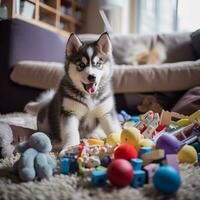 fofa cachorro jogando com dele brinquedos dentro vivo sala. cachorro com engraçado olhar. foto