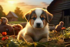 fofa cachorro dentro pequeno Fazenda. cachorro com engraçado Veja foto