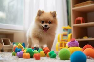 fofa cachorro jogando com dele brinquedos dentro vivo sala. cachorro com engraçado olhar. foto