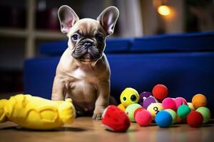 fofa cachorro jogando com dele brinquedos dentro vivo sala. cachorro com engraçado olhar. foto