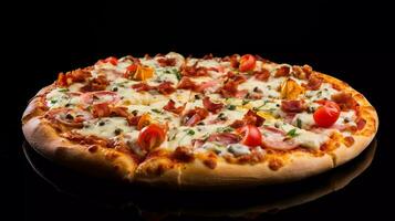 delicioso pizza, composto com mozzarella queijo, americano queijo, carne, vermelho molho, com três diferença queijo Como coberturas foto