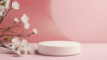 uma minimalista cena do branco pódio com Rosa flores em uma luz Rosa fundo. mostruário para a apresentação do natural produtos e cosméticos foto