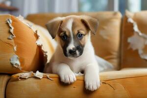 danadinho brincalhão cachorro cachorro deitado em sofá às lar. culpado cachorro e destruído vivo sala. danificar bagunçado casa e cachorro com engraçado culpado olhar. foto