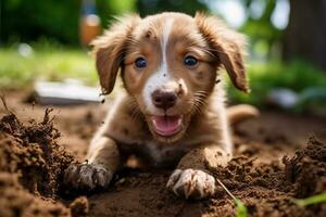 fechar acima sujo cachorro jogando dentro a jardim. cachorro com engraçado olhar. foto