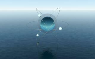 molécula esfera sobre a calma oceano, fantástico cena, 3d Renderização. foto