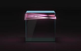 esvaziar vidro mostruário com néon linhas, 3d Renderização. foto