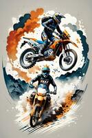 corrida motocross cavaleiro com tinta estilo digital pintura em esboço para camiseta impressão foto