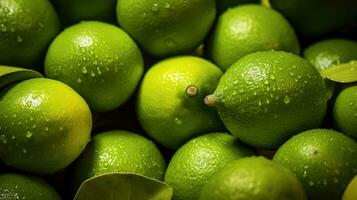 realista foto do uma grupo do limas. topo Visão fruta cenário. ai gerado