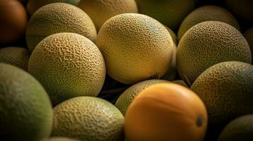 realista foto do uma grupo do Cantalupo. topo Visão fruta cenário. ai gerado