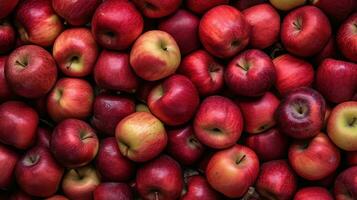 realista foto do uma grupo do vermelho maçãs topo Visão fruta cenário. ai gerado