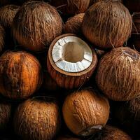 realista foto do uma grupo do cocos. topo Visão fruta cenário. ai gerado