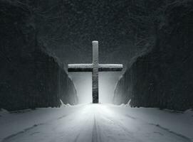 cristão Cruz com luz brilhando através a túnel foto