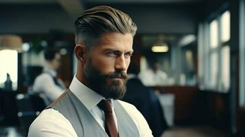 bonito homem dentro barbearia foto
