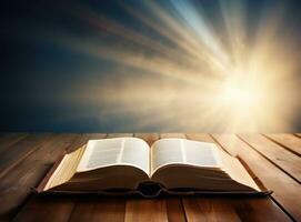 aberto Bíblia com luzes do sol foto
