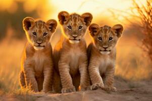 leão filhotes dentro a africano savana durante a dourado hora do a dia. ai gerado foto
