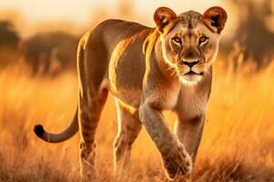 leoa dentro a africano savana durante a dourado hora do a dia. ai gerado foto