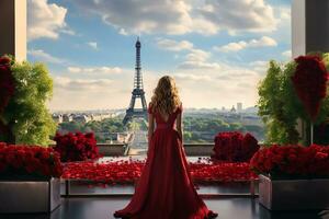 costas Visão do uma menina vestindo vermelho vestir em pé olhando às a eiffel torre dentro Paris ai generativo foto