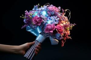 generativo ai imagem do mão segurando lindo flor ramalhete com fita e néon iluminação foto