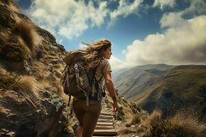 aventureiro bravo mulher escalada acima a Colina com natureza Visão às brilhante dia ai generativo foto