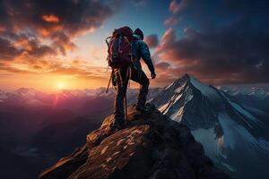 alpinista caminhando em a topo do uma Colina com iceberg panorama às nascer do sol ai generativo foto